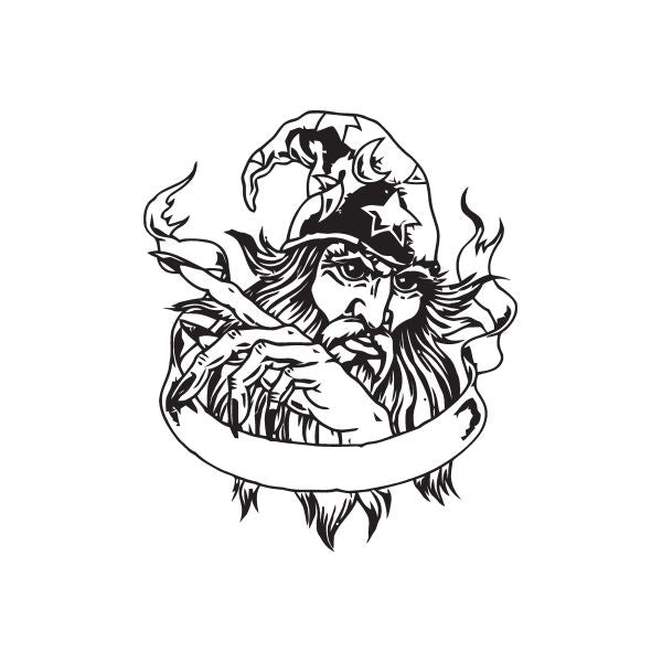 Wizard portrait ribbon decal, black and white line art