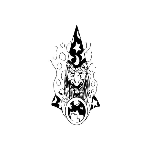 Wizard with smoking crystal ball decal, black and white character illustration