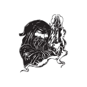 Wizard with spell scroll decal, black outline illustration with beard and scroll