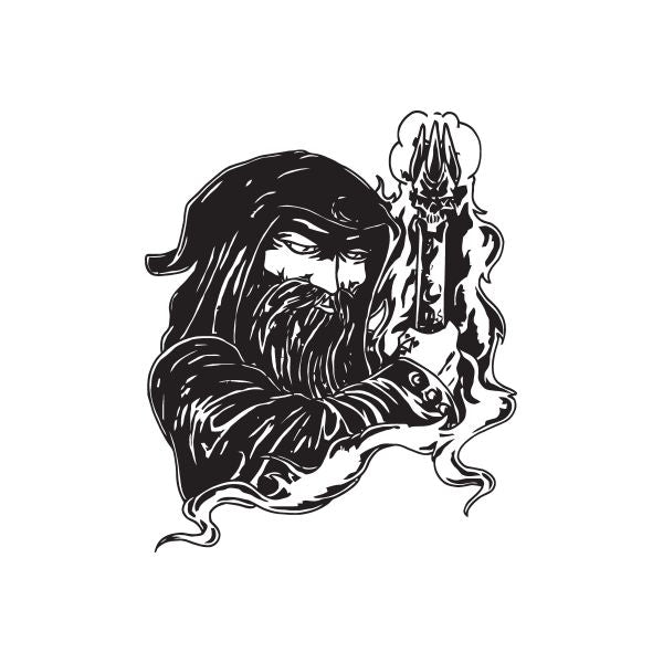 Wizard with spell scroll decal, black outline illustration with beard and scroll