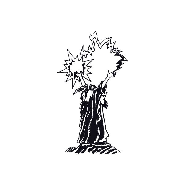 Wizard zapping decal: black-and-white outline wizard with lightning burst above