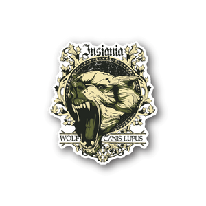 Wolf insignia vinyl sticker with roaring wolf head and ornate crest, text accents