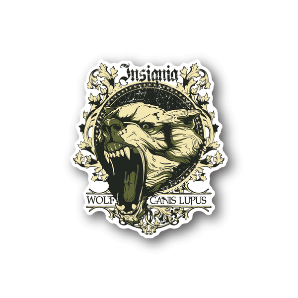 Wolf insignia vinyl sticker with roaring wolf head and ornate crest, text accents