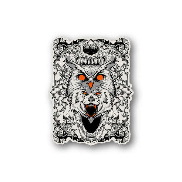 Vinyl wolf sticker with white fur, orange eyes, and ornate black-and-white border