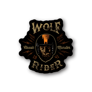 Motorcycle vinyl sticker with wolf head and gold lettering, includes 'WOLF RIDER'.