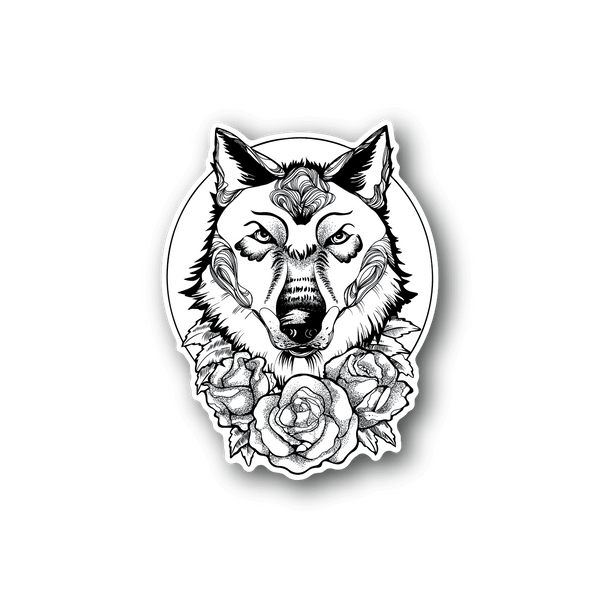 Wolf head vinyl sticker with roses, monochrome black and white design