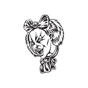 Clown head decal, black and white illustrated face with bow and pom-pom