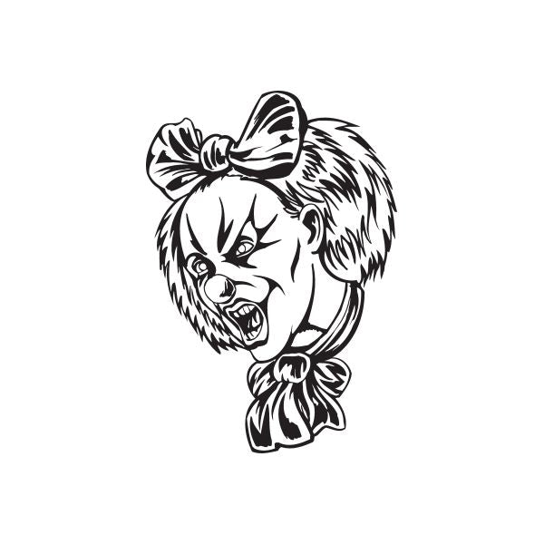 Clown head decal, black and white illustrated face with bow and pom-pom