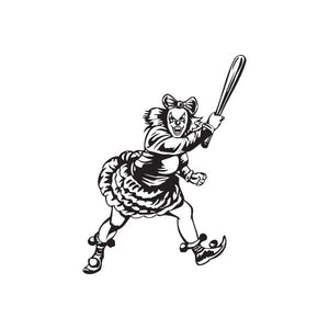 Running clown decal with baseball bat, black-and-white