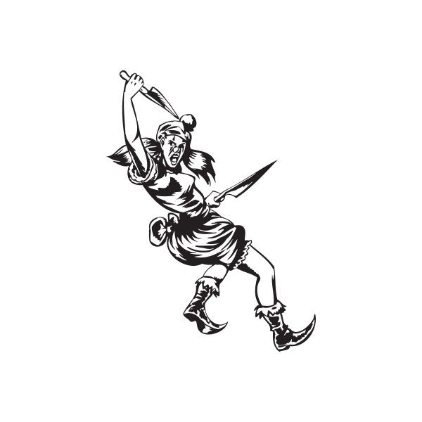 Clown swinging knives decal in black and white, stylized figure with two blades