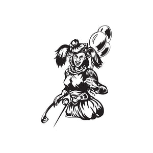 Clown woman decal with balloon and safety pin motifs