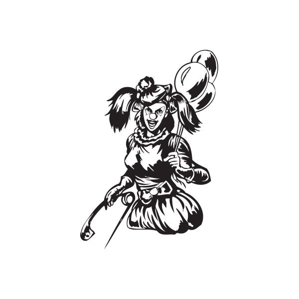 Clown woman decal with balloon and safety pin motifs