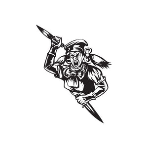 Clown woman with knives decal, black and white graphic