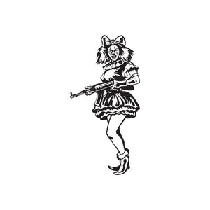 Black-and-white clown woman decal of clown holding a machine gun rifle