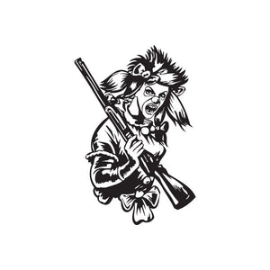 Clown and mask character decal with rifle, black line art
