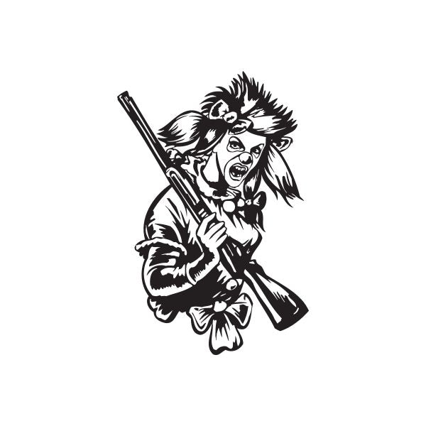 Clown and mask character decal with rifle, black line art