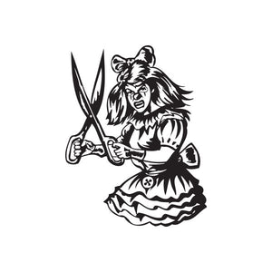 Clown woman decal with scissors, black and white
