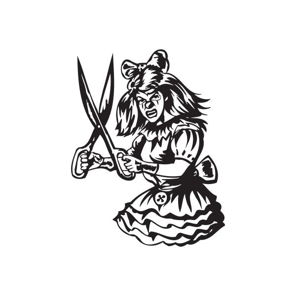 Clown woman decal with scissors, black and white