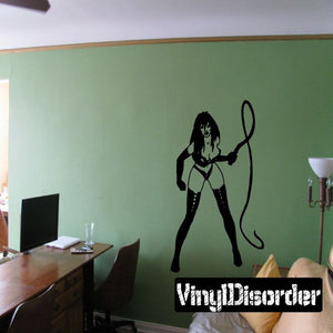 Cracking whip woman wall decal, black silhouette with coiled whip tail