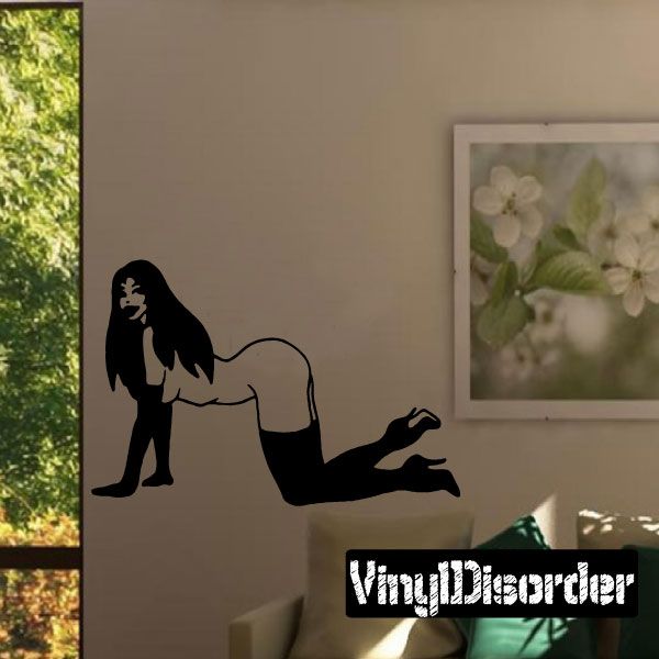 Black crawling woman vinyl wall decal with gloves and high heels silhouette.