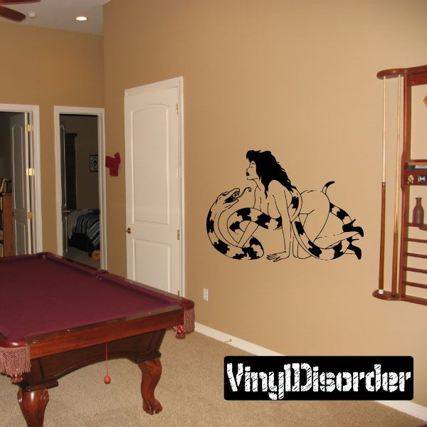 Crawling woman with snake wall decal, black silhouette
