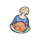 Thanksgiving woman and turkey plate decal, blue shirt, holding roasted turkey on plate
