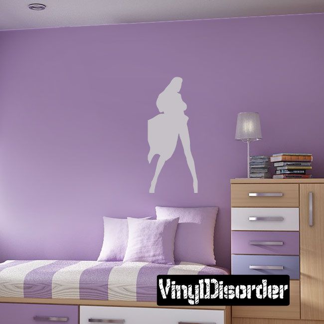 Woman silhouette vinyl decal in flowing dress, white outline