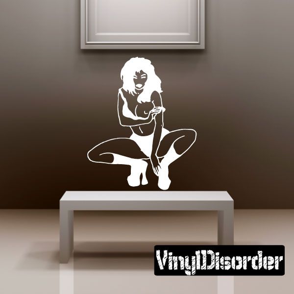 Bikini woman wall decal with heels, holding a hand over her chest, black silhouette