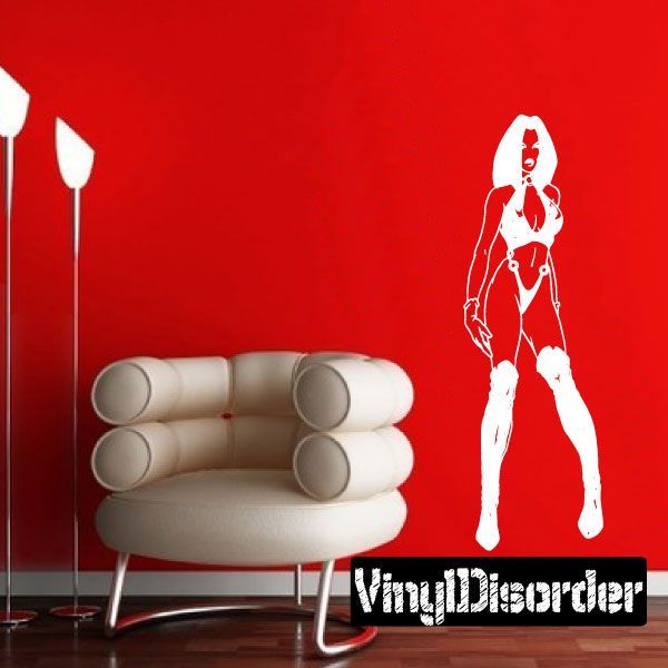 Woman bikini and thigh-high boots decal in white, standing with one hand on hip