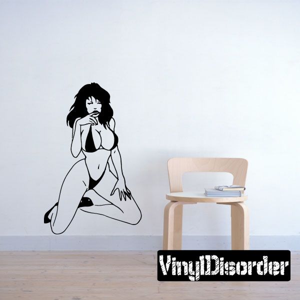Bikini woman wall decal, holding finger near mouth, black and white silhouette