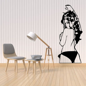 Bikini woman looking back wall decal, black and white bikini bottoms silhouette