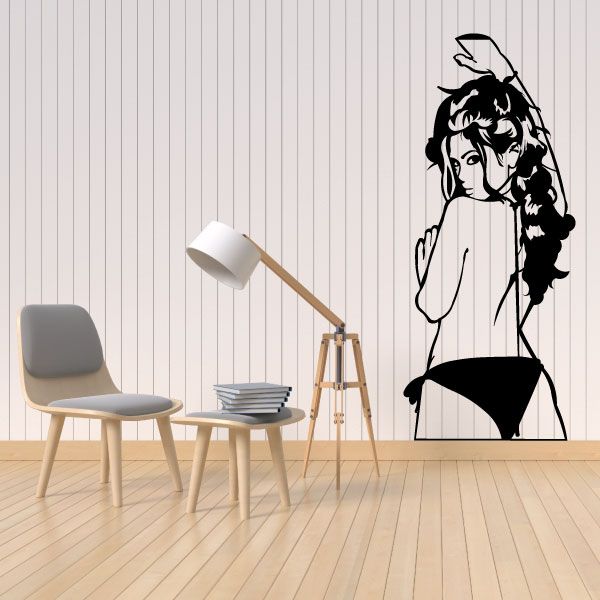 Bikini woman looking back wall decal, black and white bikini bottoms silhouette