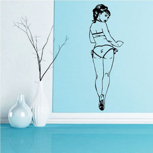 Woman in bikini walking away wall decal, black silhouette line art