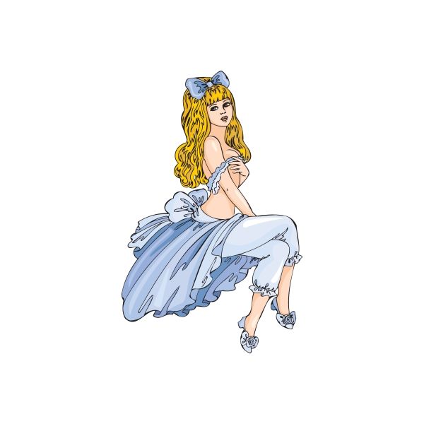 Blue dress woman sticker with blonde curly hair, sleeveless bodice and puffed skirt.
