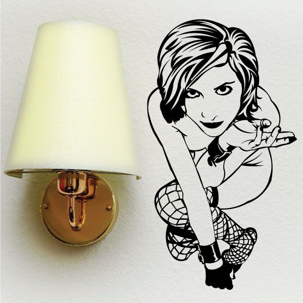 Woman wall decal in fishnet stockings, one arm up, black-and-white