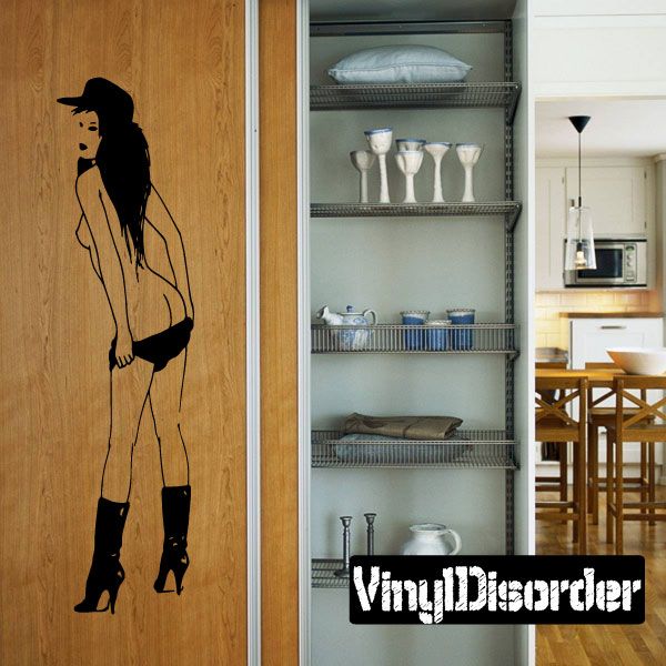 Woman silhouette decal wearing high heels, hand at waist, lingerie pose