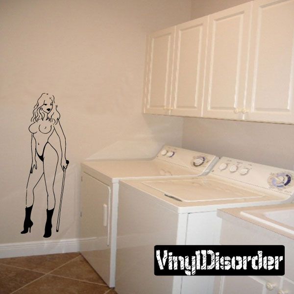Woman in heels with cane wall decal, black outline silhouette