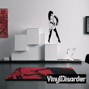 Woman in heels wall decal with sword and shield silhouette, black