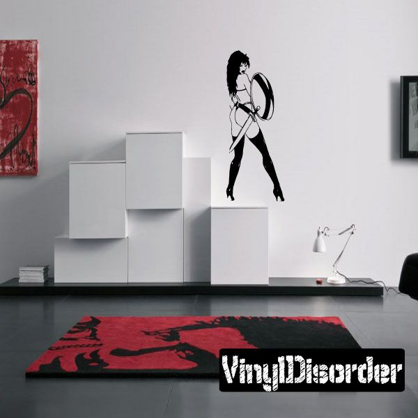 Woman in heels wall decal with sword and shield silhouette, black