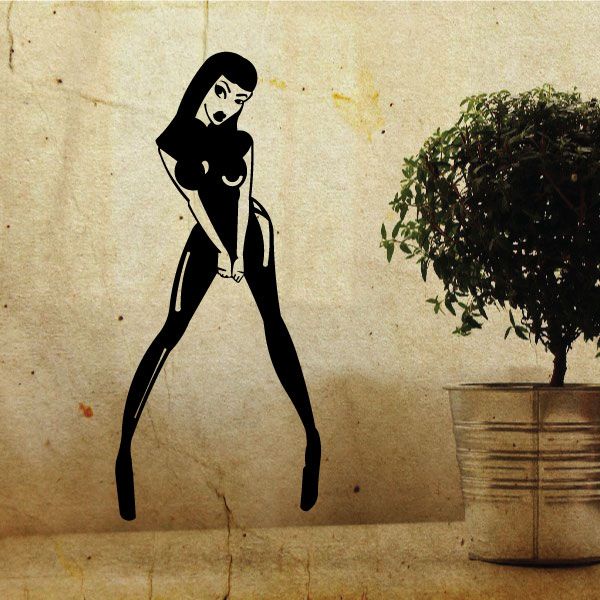 Black latex bodysuit woman decal, full-body silhouette with hands at sides