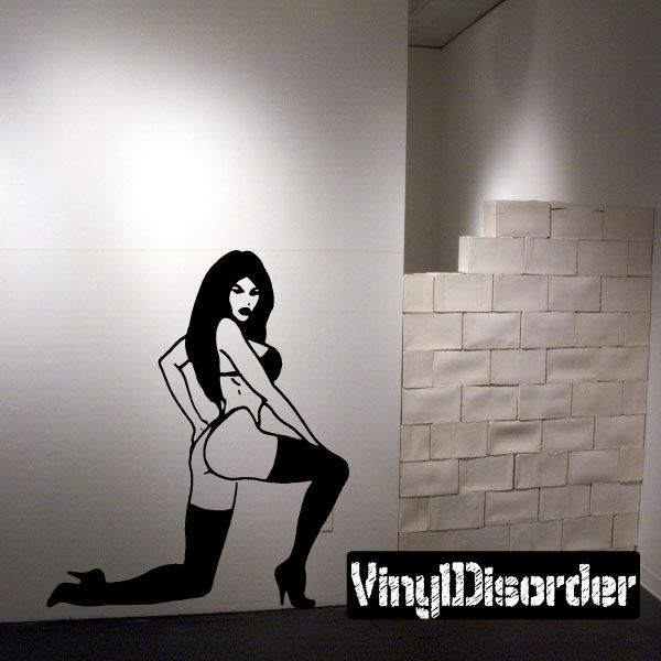 Kneeling lingerie and heels decal, black silhouette of woman with hands on hips