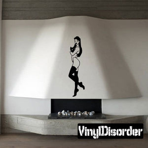 Black lingerie and thigh-high boots woman wall decal, standing pose