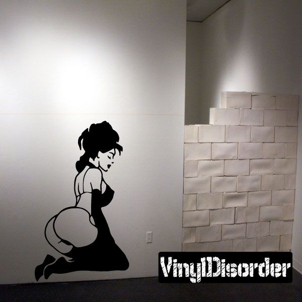 Black lingerie woman getting up wall decal with hat and hands on knees
