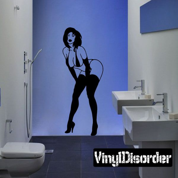 Black pinup lingerie woman wall decal silhouette, standing with legs apart.