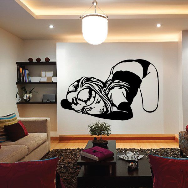 Head-down woman lingerie wall decal, black silhouette illustration with long hair