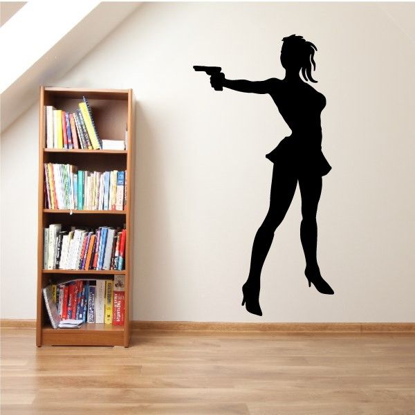 Woman in miniskirt holding handgun wall decal, black silhouette