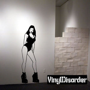 One-piece swimsuit decal of a woman in black with tall platform boots