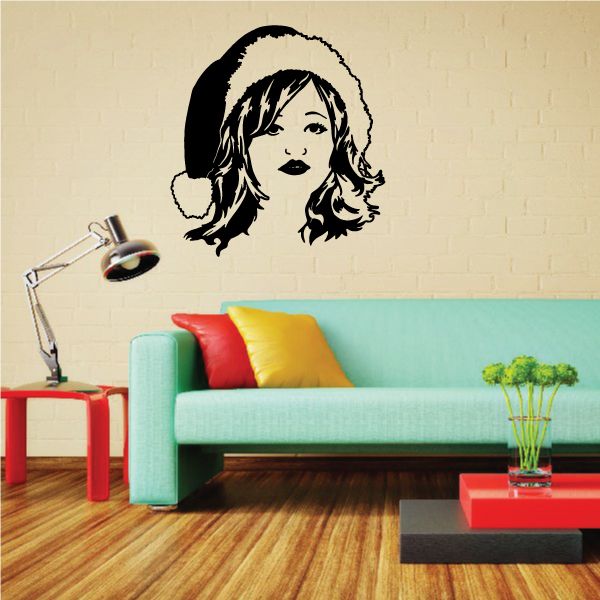 Santa hat woman decal featuring stylized face with black hair and red lips