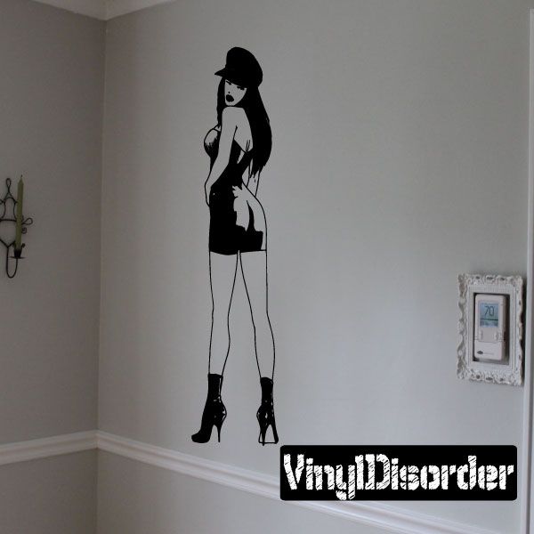 Woman short dress and heels wall decal, black silhouette of heels and long hair