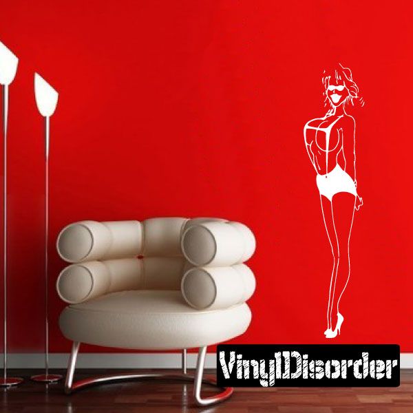 White outline woman decal in short shorts with suspenders
